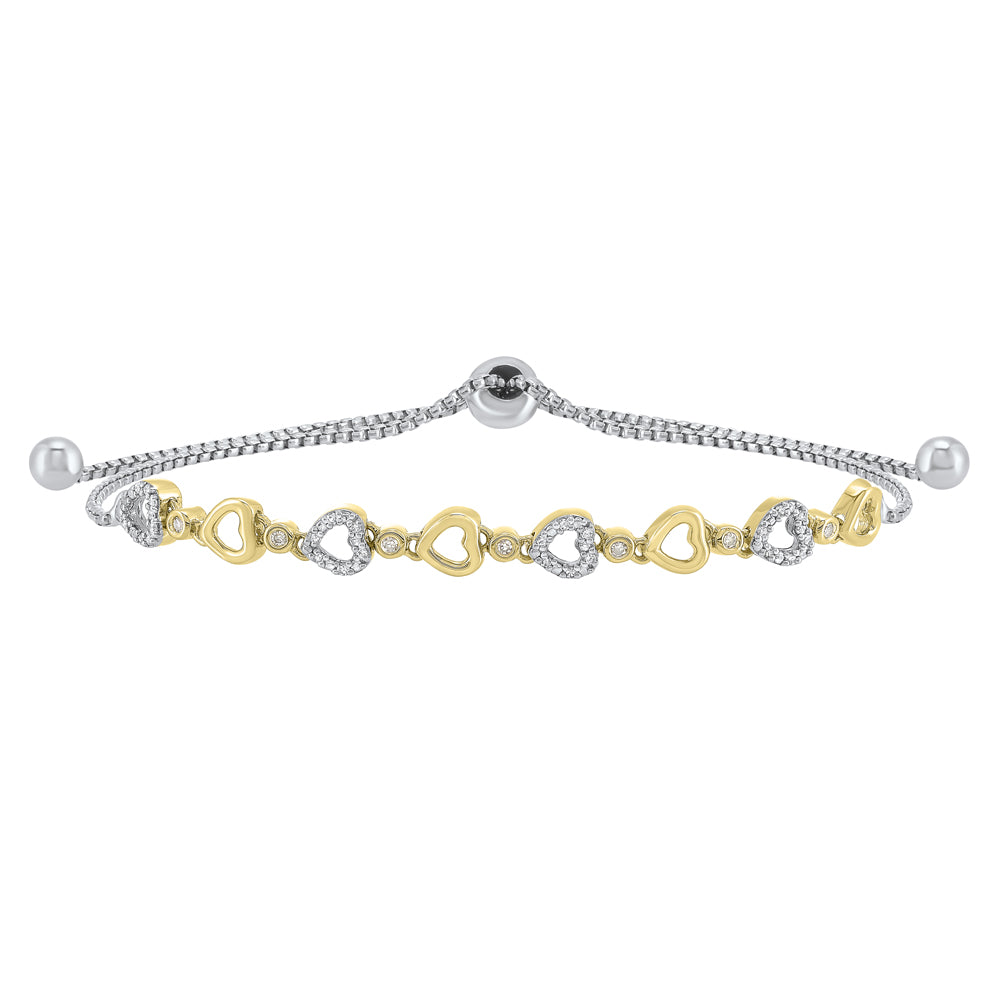 diamond encrusted heart pattern bolo bracelet in sterling silver- adjustable (1/8ctw)