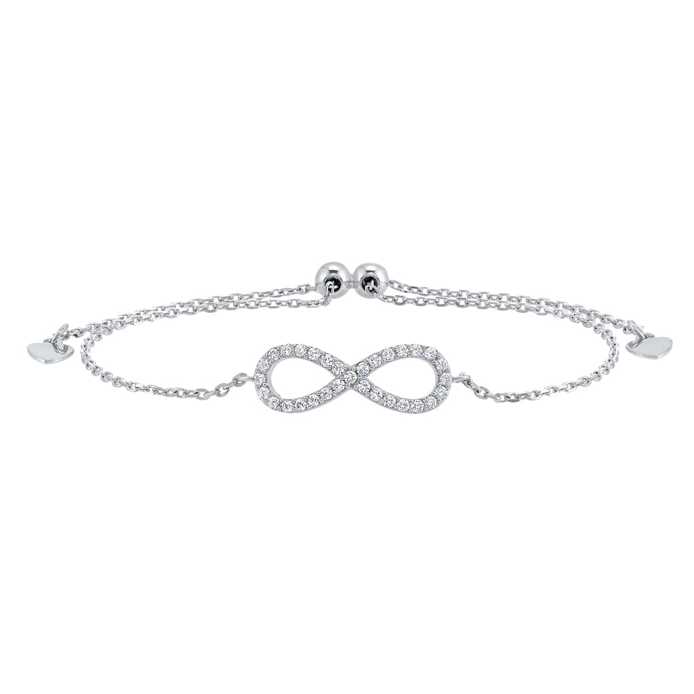 diamond infinity symbol heart charm bolo bracelet in sterling silver - adjustable