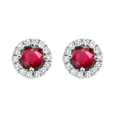 round ruby & diamond halo stud earrings in 14k white gold (1/7 ct. tw.)