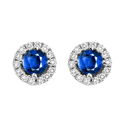 round sapphire & diamond halo stud earrings in 14k white gold (1/7 ct. tw.)