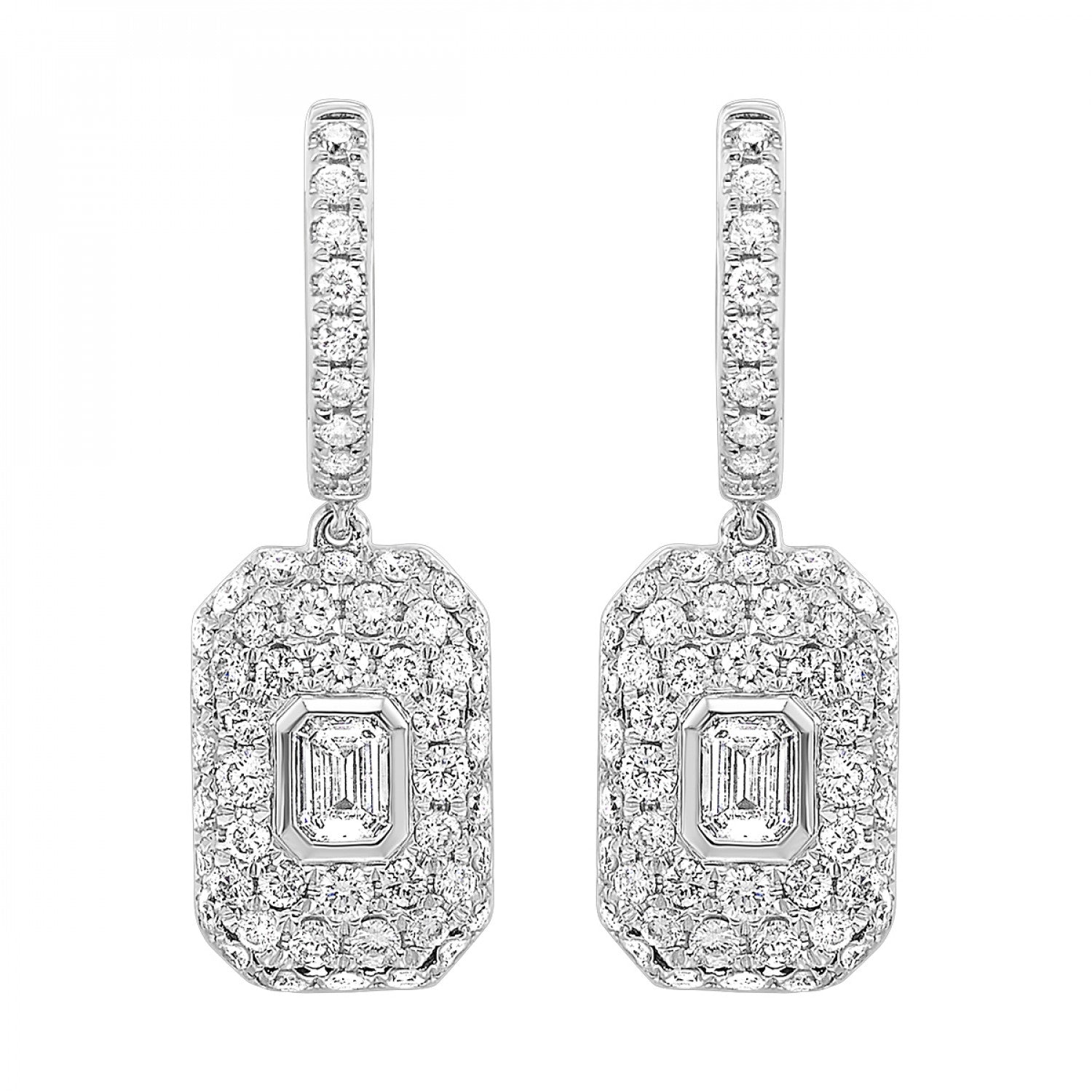 14KW Rectangle Shaped Dangle Drop Round Cluster with Emerald Center Earrings