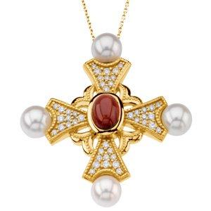 14k yellow mozambique garnet, akoya cultured pearl, & 1/2 ctw diamond cross necklace  