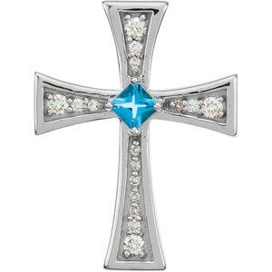 14k white swiss blue topaz & 1/5 ctw diamond cross pendant