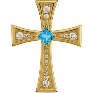 14k yellow swiss blue topaz & 1/5 ctw diamond cross pendant