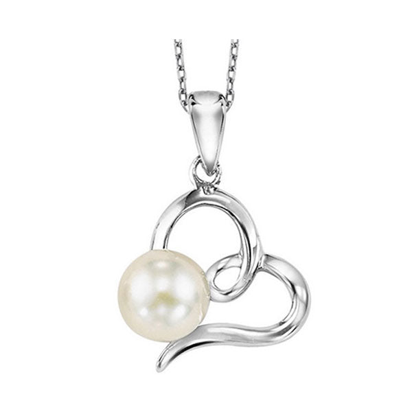 cultured white pearl sideways ribbon heart pendant in sterling silver