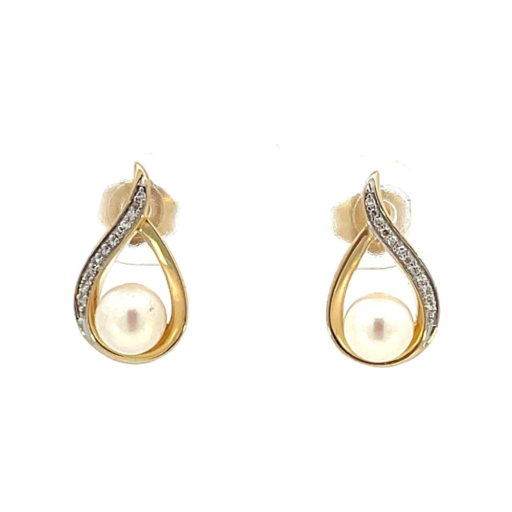 14KY Tear Drop Shaped Pearl and Diamond Earrings 1/20 CTW