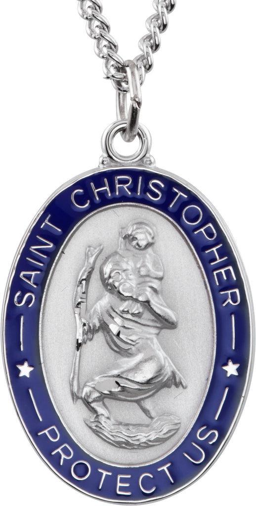 sterling silver & blue epoxy 26x20 mm st. christopher medal 24" necklace