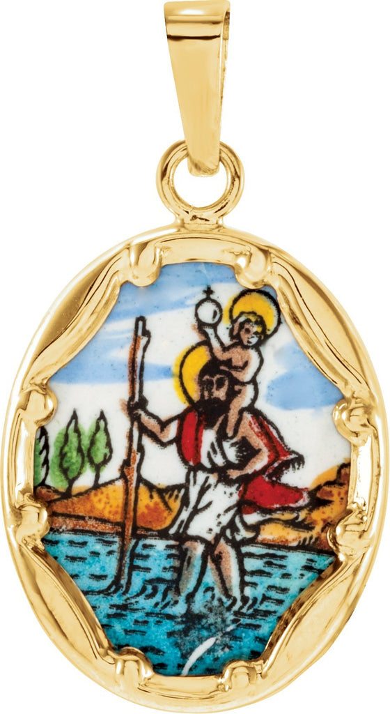 14k yellow 17x13.5 mm st. christopher hand-painted porcelain medal