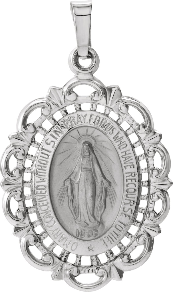14k white 25x18 mm oval filigree miraculous medal