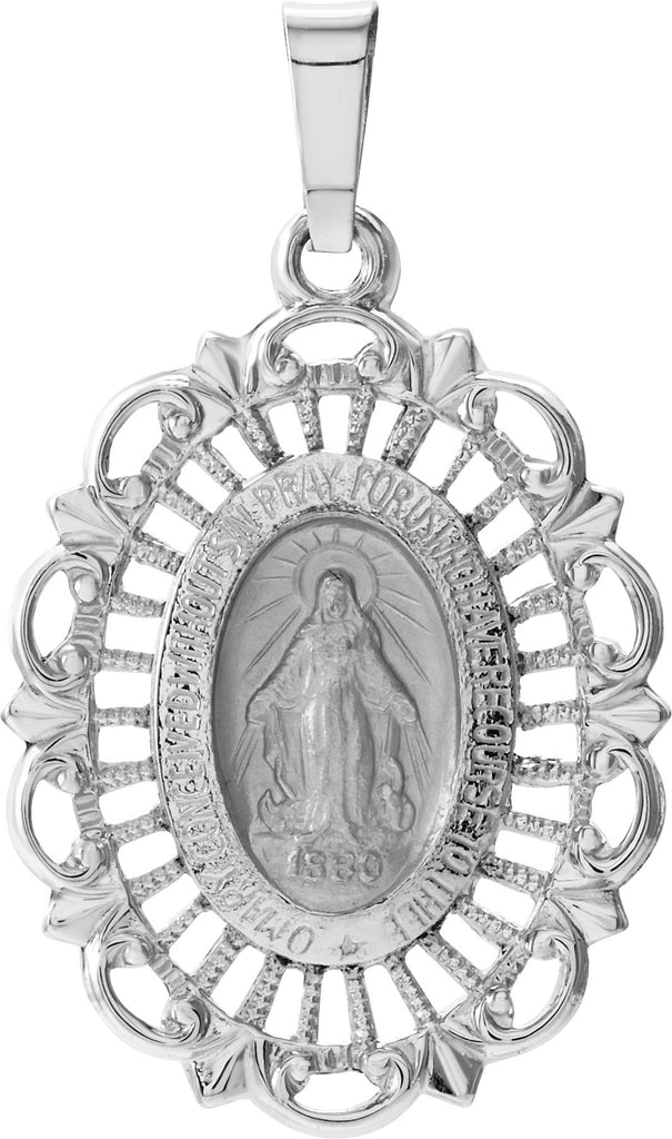 14k white 22x16 mm oval filigree miraculous medal