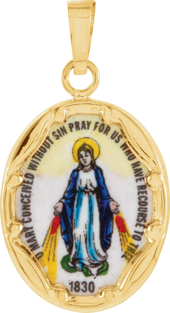 14k yellow 17x13.5 mm oval hand painted porcelain miraculous medal