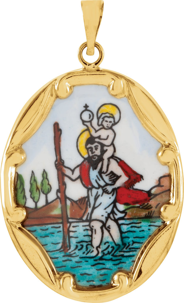 14k yellow 25x19.5 mm st. christopher hand-painted porcelain medal