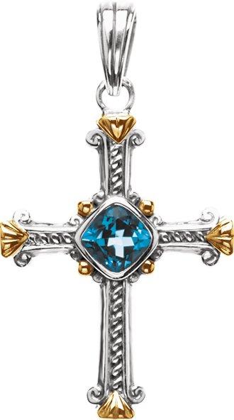 sterling silver & 14k yellow swiss blue topaz cross pendant