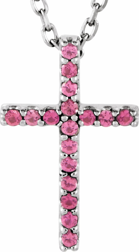 14k white pink tourmaline petite cross 16" necklace 