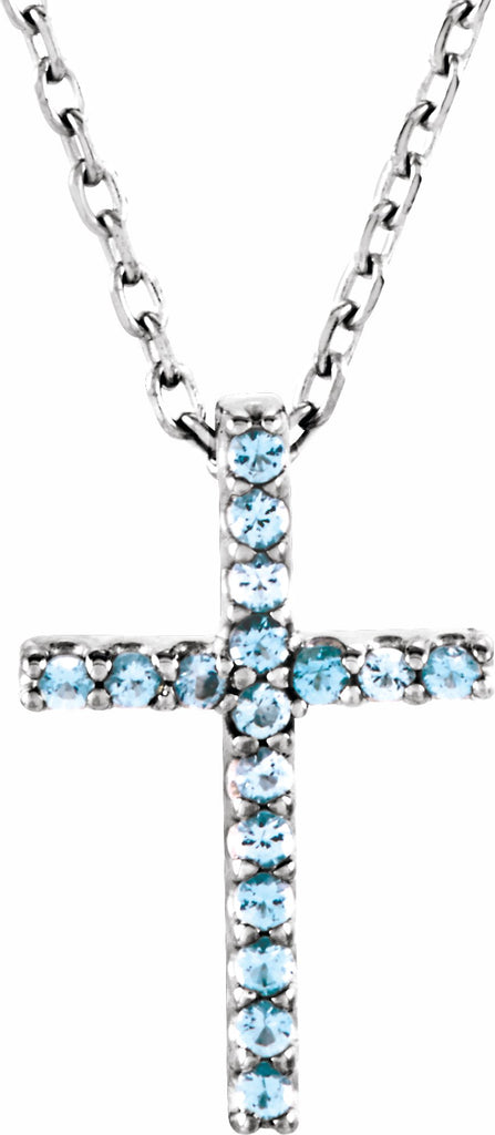 14k white aquamarine petite cross 16" necklace 