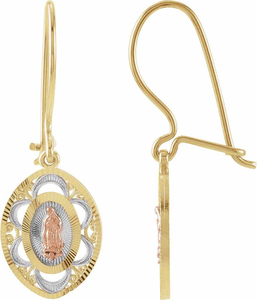 14k yellow/rose 30x9.5 mm oval our lady of guadalupe earrings 