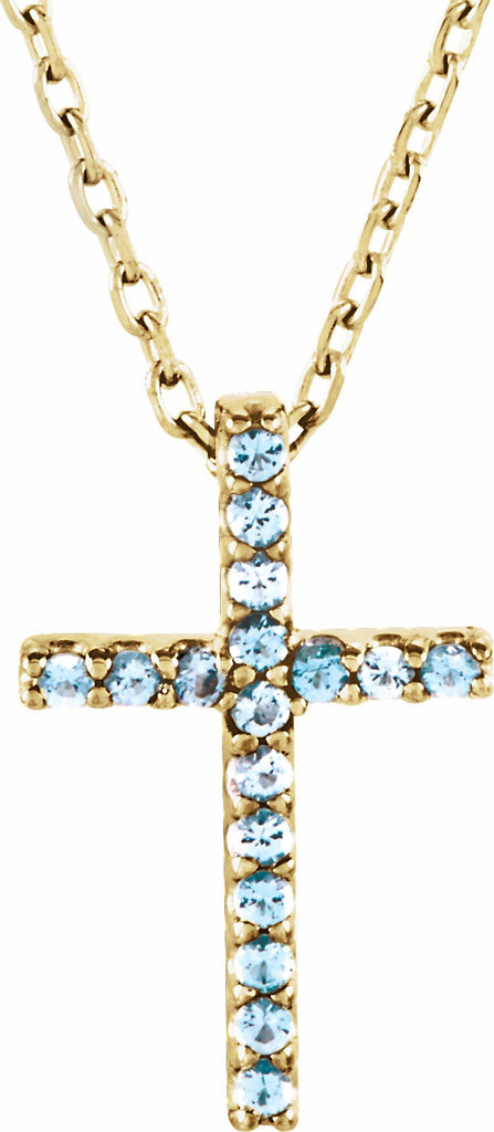 14k yellow aquamarine petite cross 16" necklace 