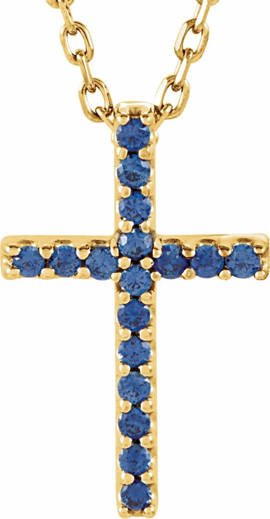 14k yellow blue sapphire petite cross 16" necklace 