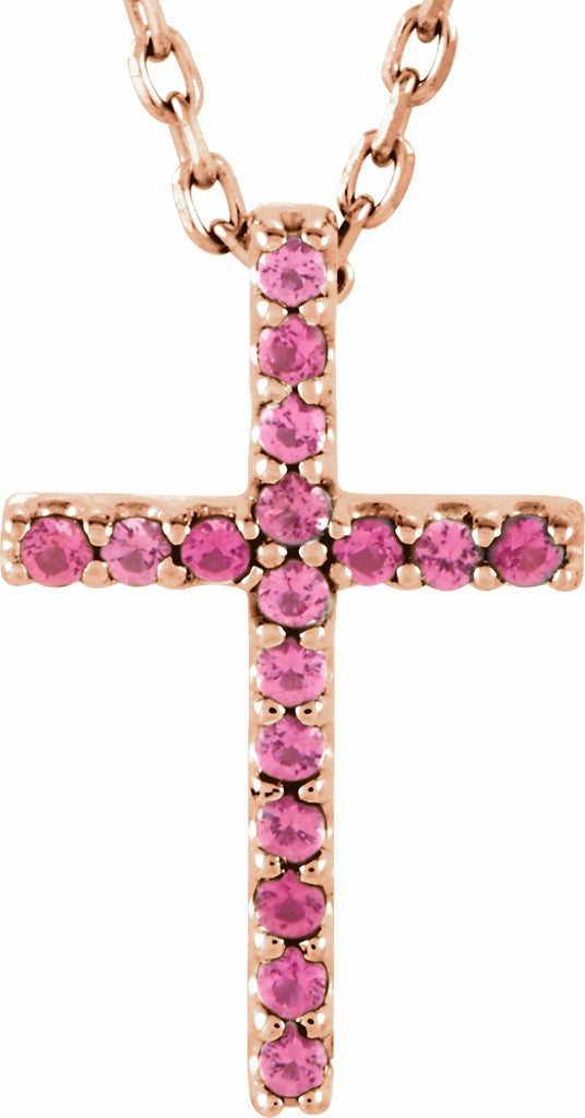 14k rose pink tourmaline 
petite cross 16" necklace 