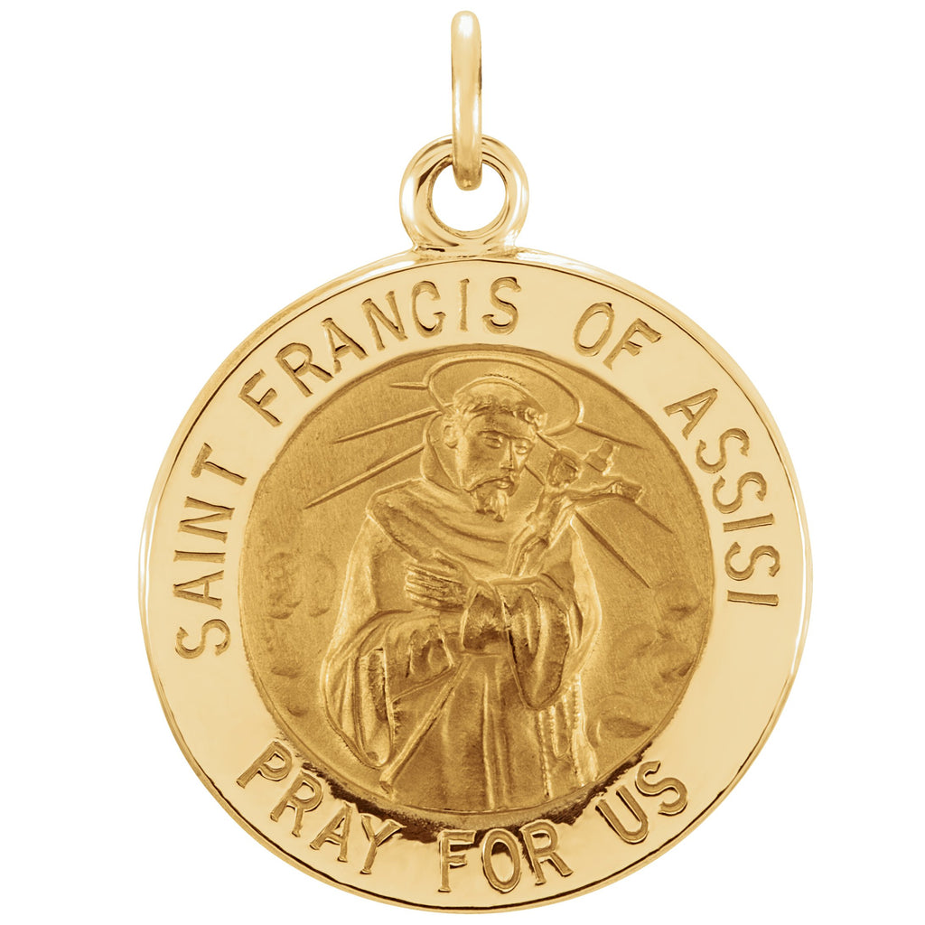 14k yellow 15 mm round st. francis of assisi medal