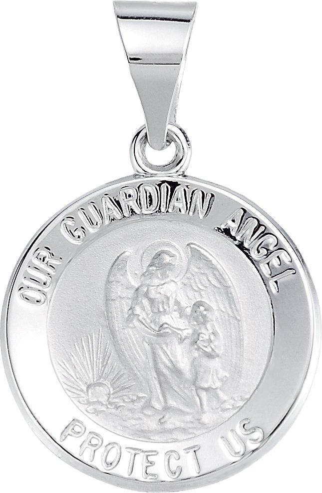 14k white 15 mm round hollow guardian angel medal