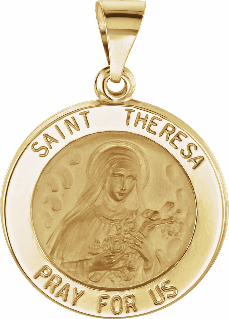 14k yellow 18 mm round hollow st. theresa medal