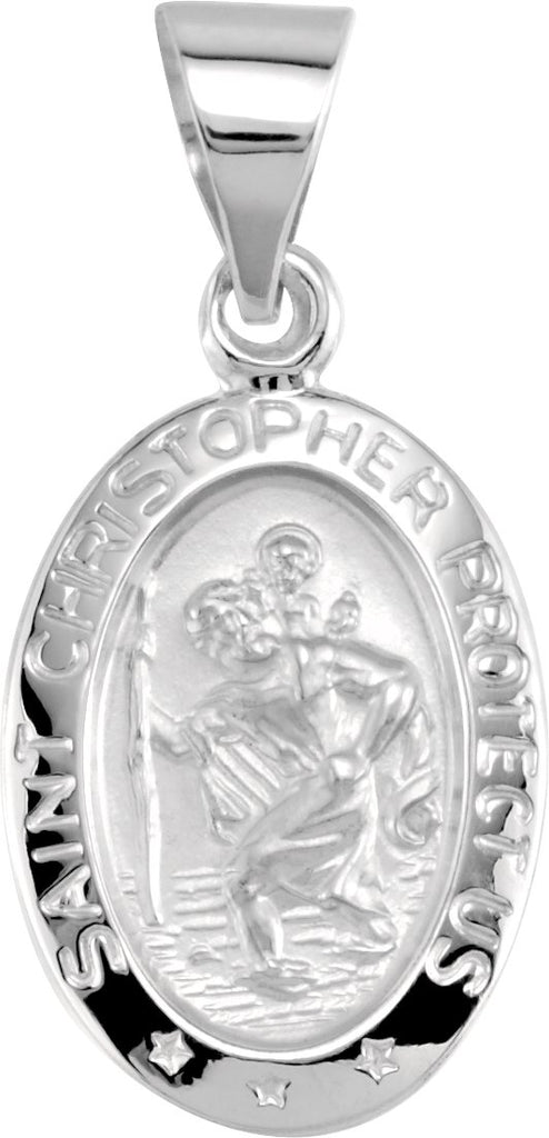 14k white 15x11 mm oval hollow st. christopher medal