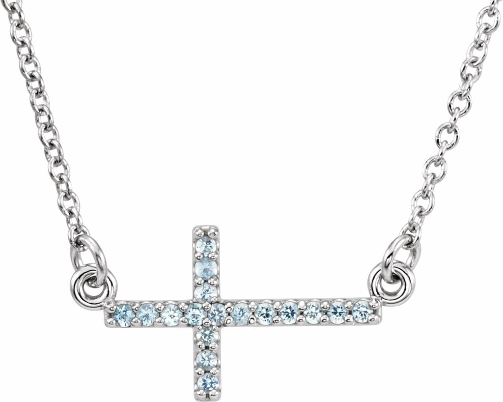 14k white aquamarine sideways cross 16-18" necklace 