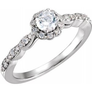 14k white 4.4 mm round cubic zirconia & 1/5 ctw diamond halo-style engagement ring