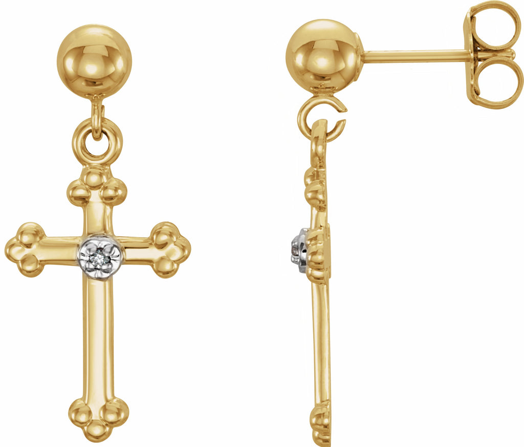 14k yellow .01 ctw diamond cross dangle earrings