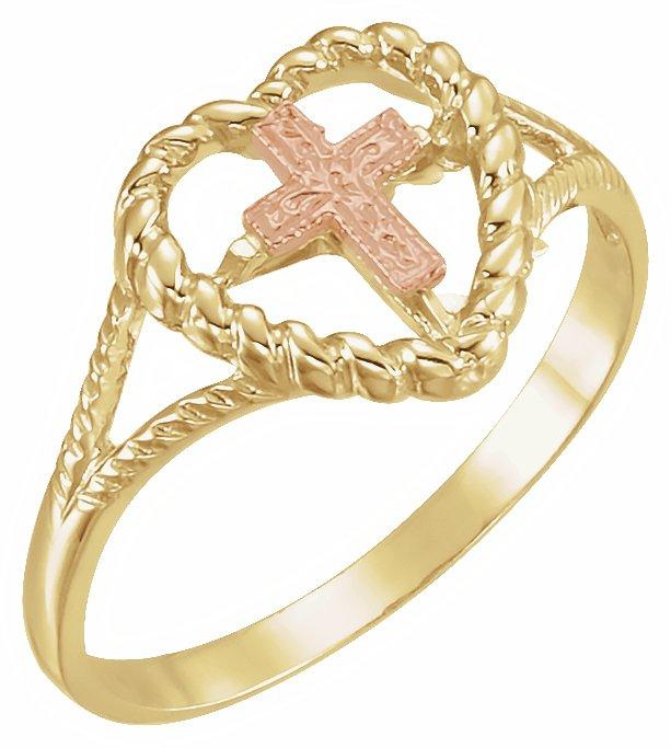 14k yellow/rose heart rope ring with cross