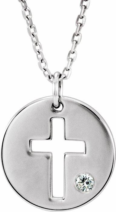 14k white .03 ctw diamond pierced cross disc 16-18" necklace