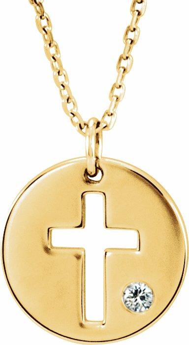 14k yellow .03 ctw diamond pierced cross disc 16-18" necklace