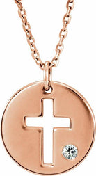 14k rose .03 ctw diamond pierced cross disc 16-18" necklace