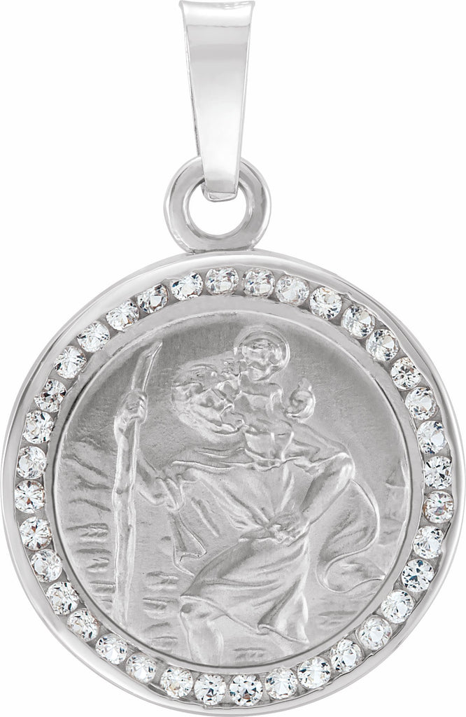 14k white created white sapphire st. christopher medal  