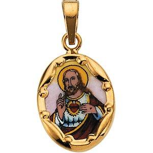 14k yellow 13x10 mm sacred heart of jesus hand-painted porcelain pendant