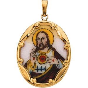 14k yellow 25x19.5 mm sacred heart of jesus hand-painted porcelain pendant