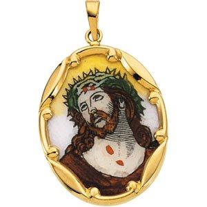 14k yellow 25x19.5 mm face of jesus hand-painted porcelain medal