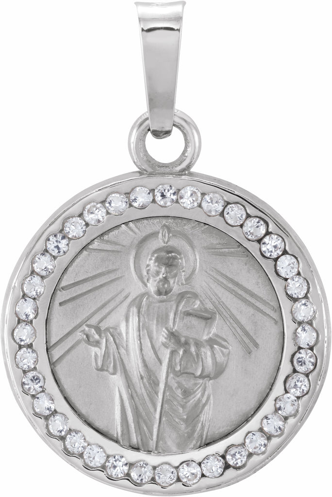 14k white st. jude medal with created white sapphires 