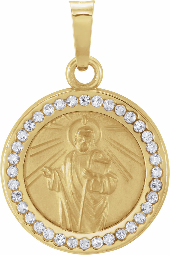 14k yellow st. jude medal with created white sapphires