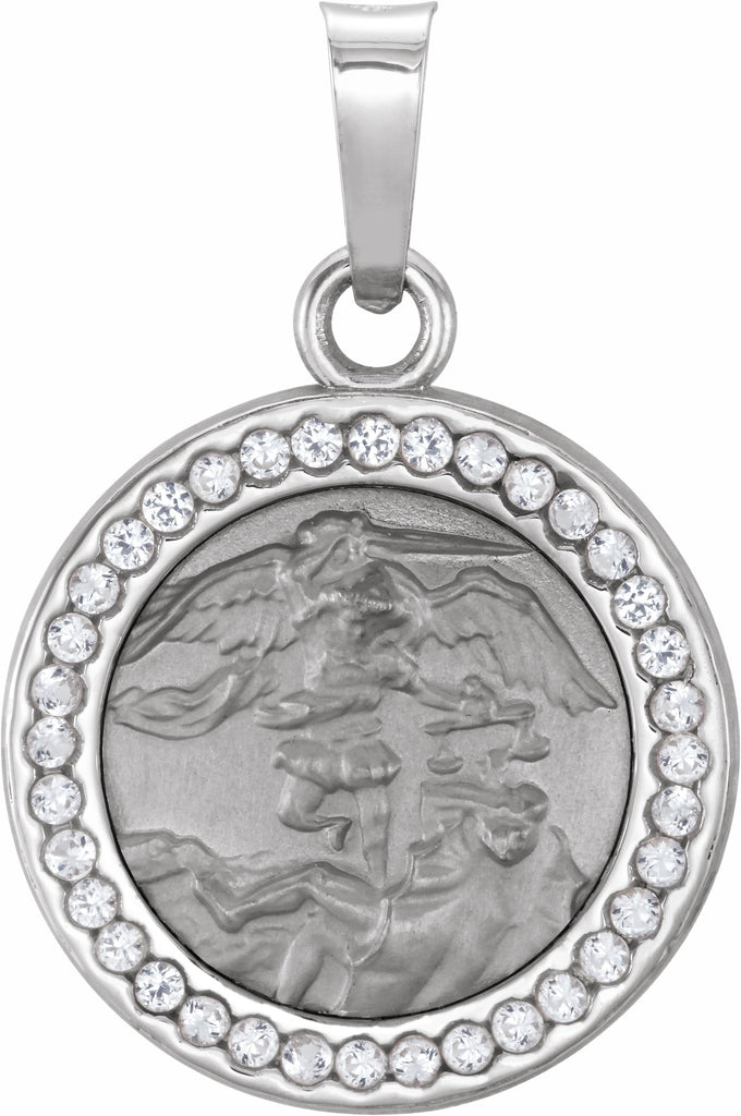 14k white st. michael medal with lab-created white sapphires