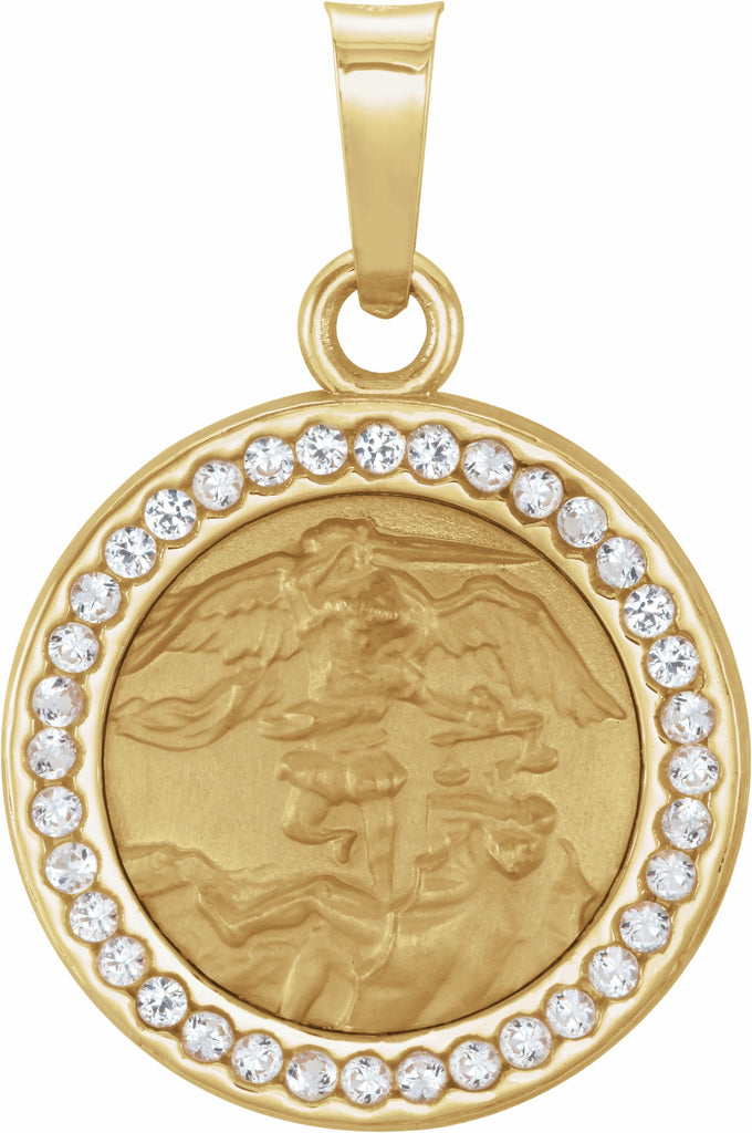 14k yellow st. michael medal with lab-created white sapphires