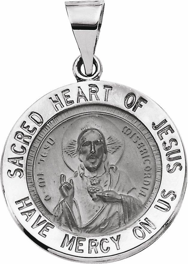 14k white 18 mm round hollow sacred heart of jesus medal  