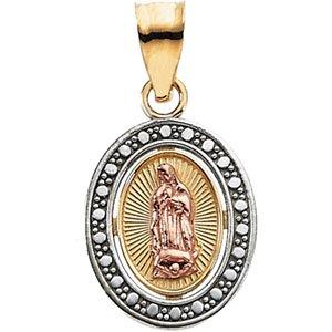 14k yellow/rose 12x10 mm oval our lady of guadalupe pendant with rhodium plating