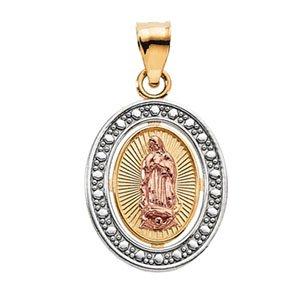 14k yellow/rose 15.5x13 mm oval our lady of guadalupe pendant with rhodium plating