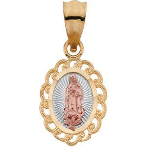 14k yellow/rose 11x9 mm oval our lady of guadalupe pendant with rhodium plating