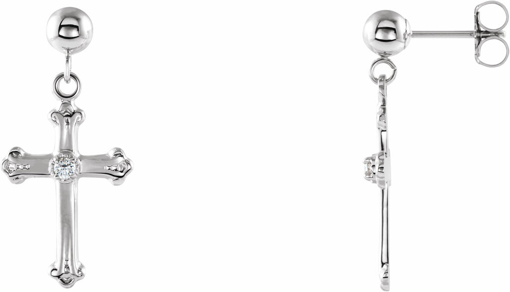 14k white diamond cross & ball earrings  