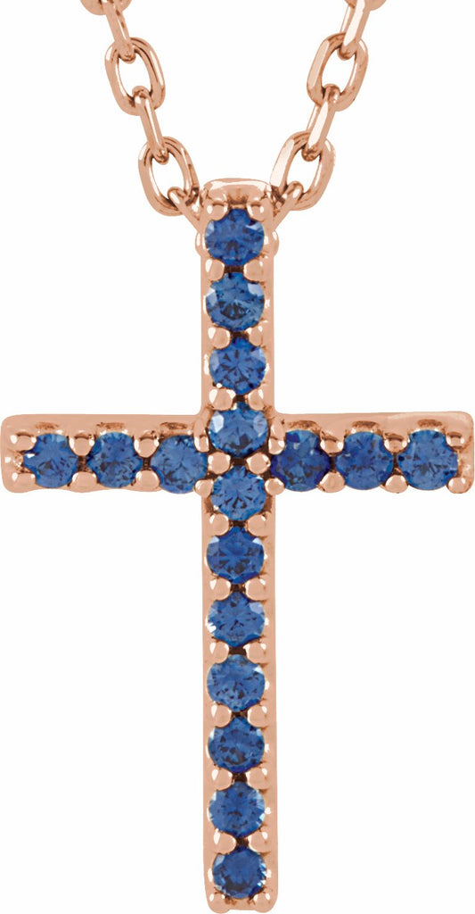 14k rose blue sapphire petite cross 16" necklace 