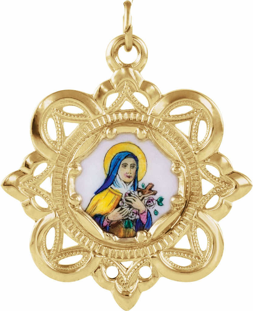 10k yellow 26x26 mm enameled st. theresa medal