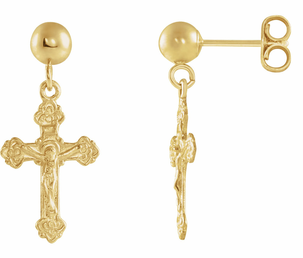 14k yellow 13x9 mm crucifix ball dangle earrings